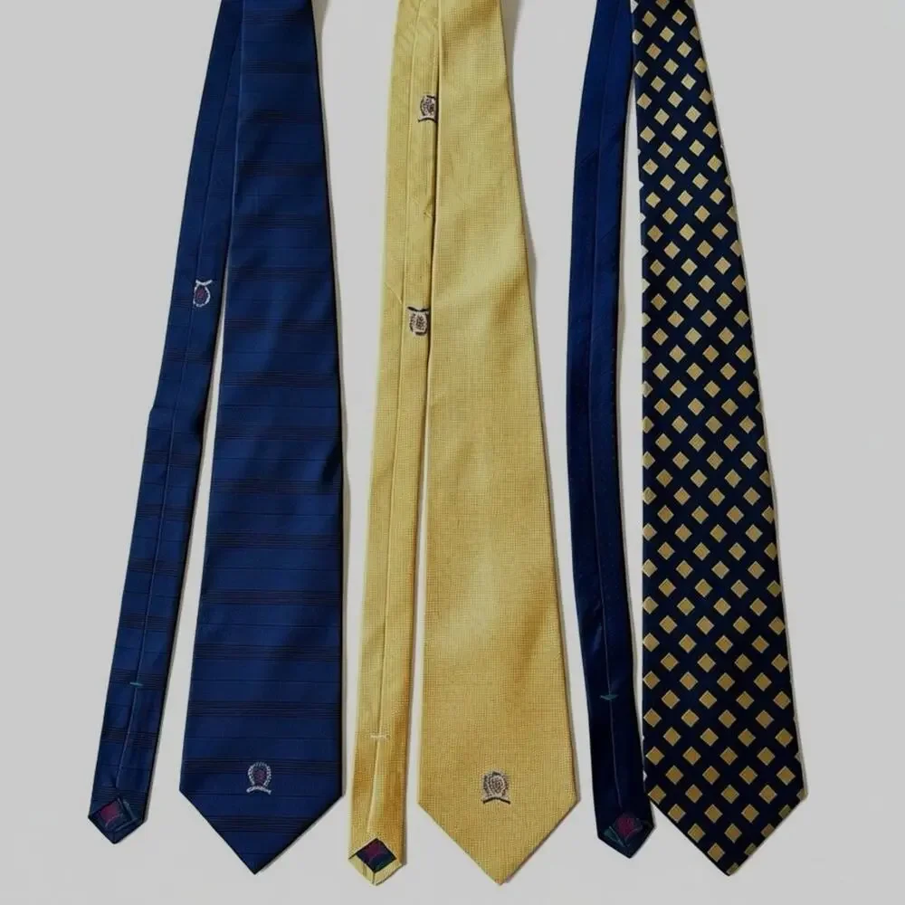 VTG 90s Tommy Hilfiger Silk Ties Neckties Navy Blue Gold Crest Logo USA Lot Of 3